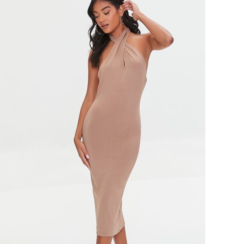Forever 21 Taupe Halter Keyhole Cut Out Bodycon MIDI Stretch Knee Length Dress